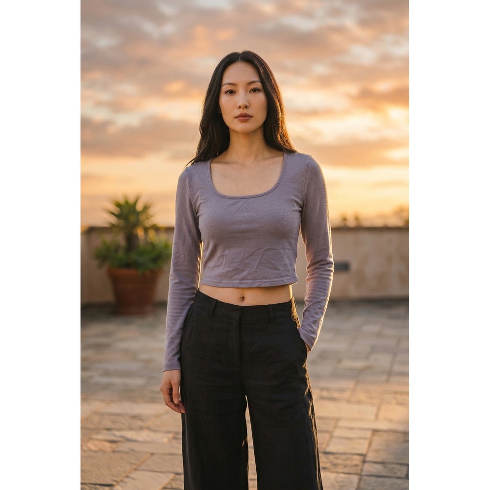 Women Brown Grey Long Sleeve Scoop Neck Crop Top JIT18594178 Cotton Blend Fairy